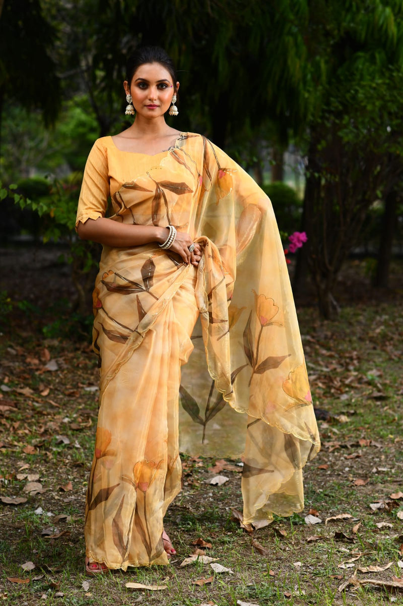 Yellow Gold Organza Silk Handprint Saree