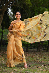 Yellow Gold Organza Silk Handprint Saree