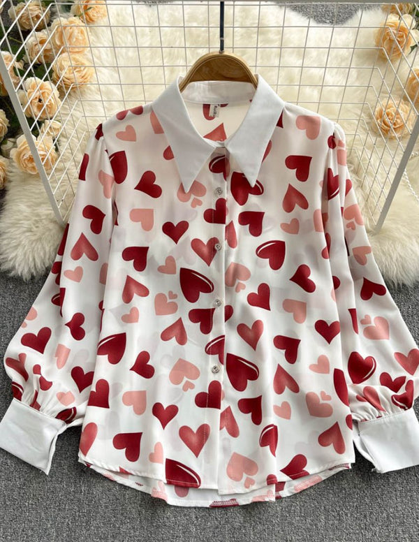 Red Heart Print Button-Up Shirt