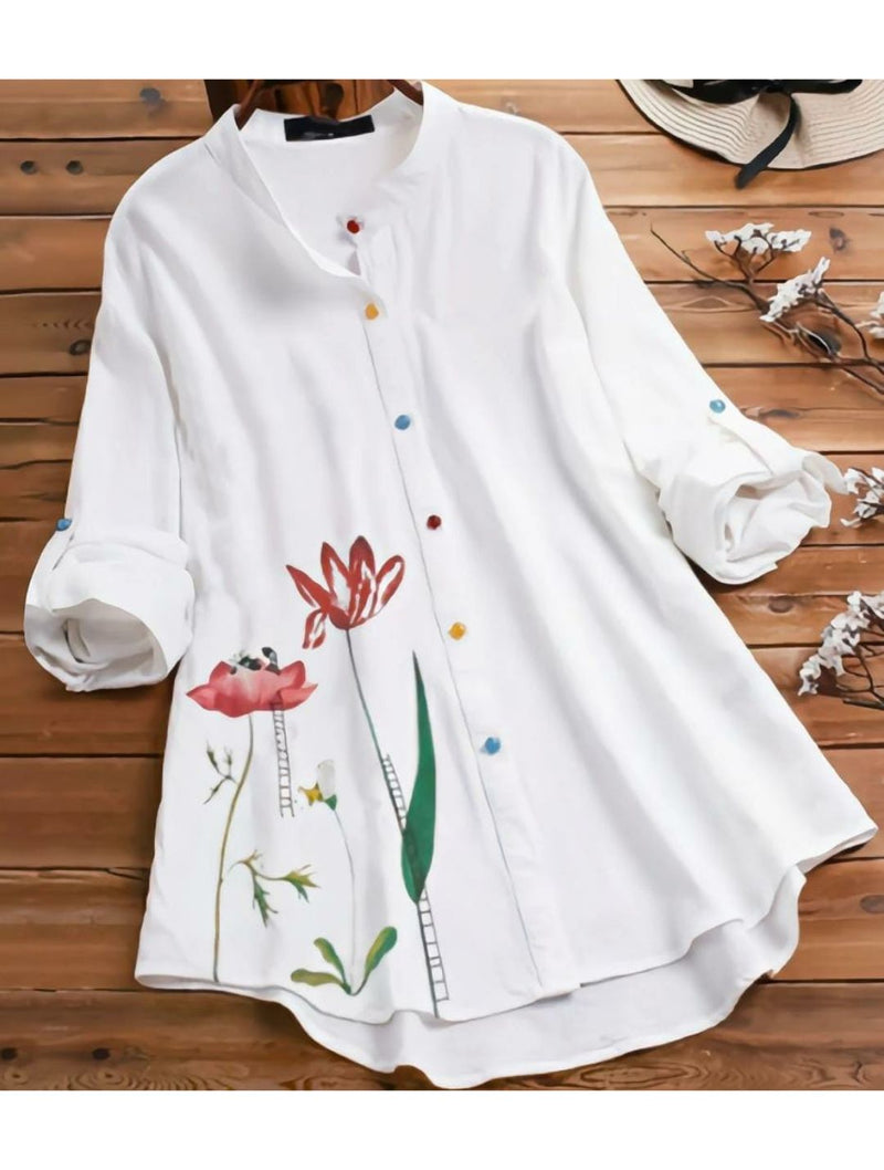 White Printed Rayon Tunic Top - Water Flower