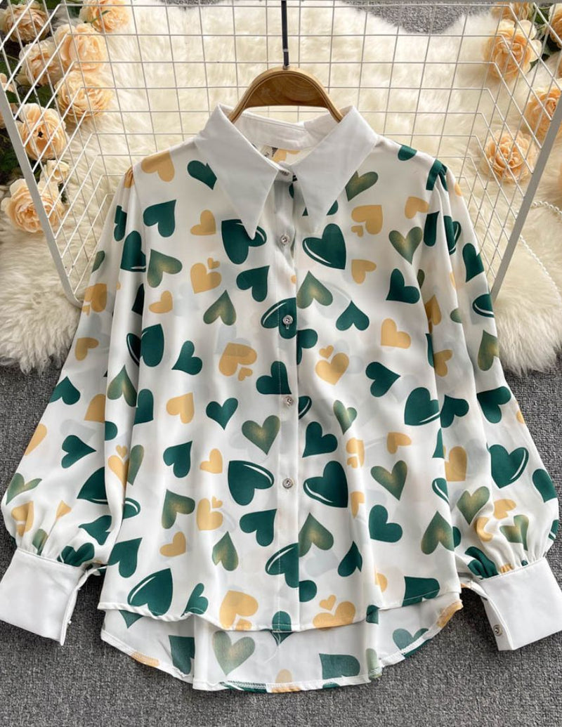 Green Heart Print Button-Up Shirt