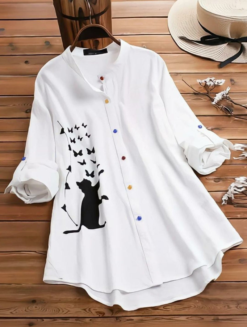 White Printed Rayon Tunic Top - Cat Art