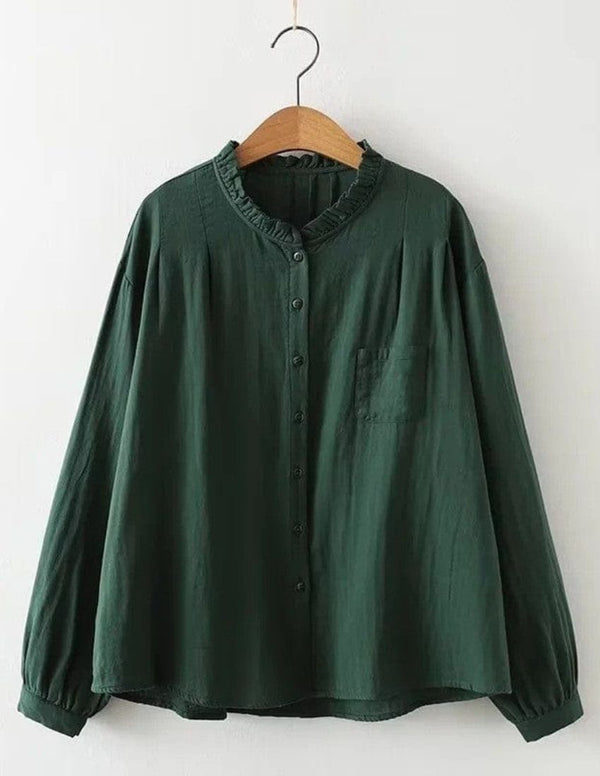 Green Button-Up Plain Top