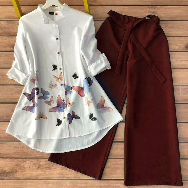 Butterfly Print Top with Maroon Palazzo Set