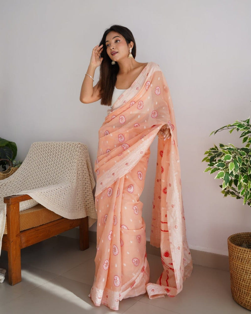 Creamy Peach Linen Saree