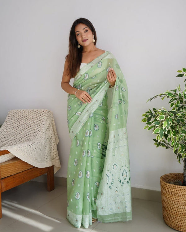 Pista Green Linen Cotton Silk Saree