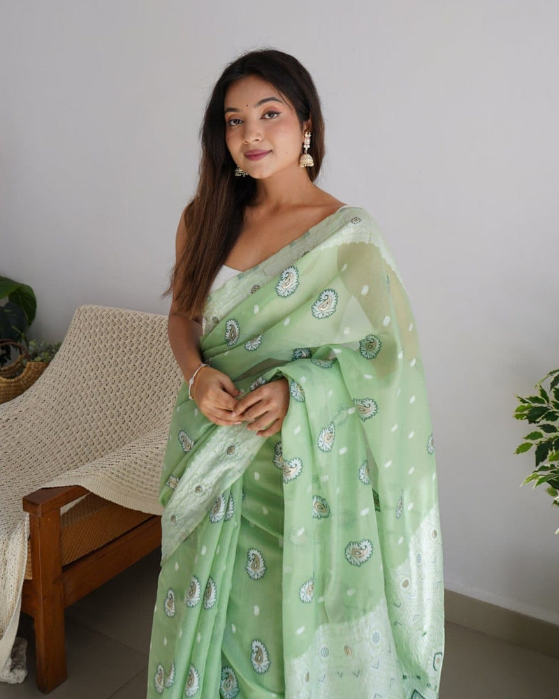 Pista Green Linen Cotton Silk Saree