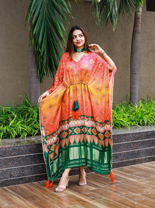 Multicolor Satin Printed Kaftan