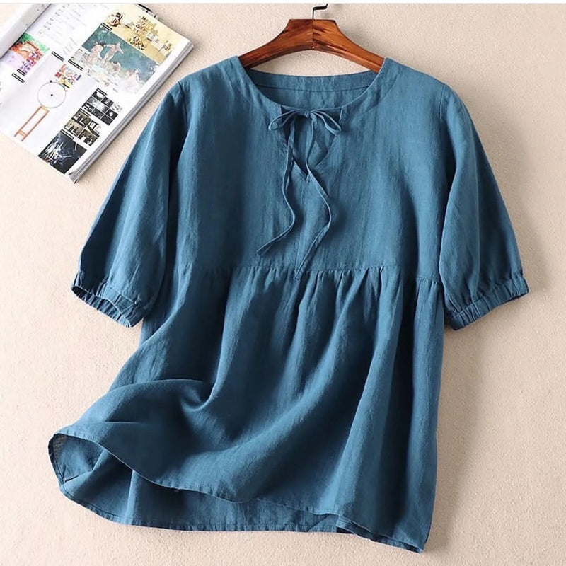 Firozi Blue Cotton Solid Western Top