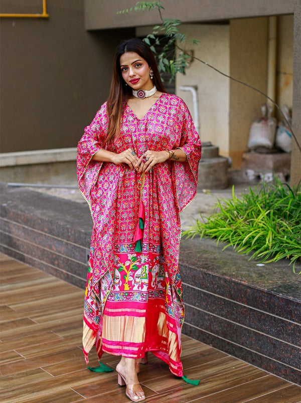 Pink Satin Printed Kaftan