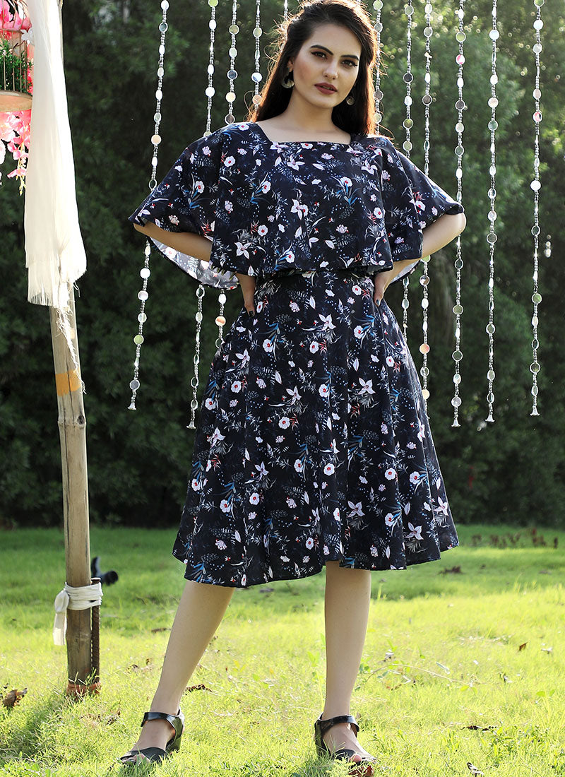 Navy Blue Floral Printed Dress